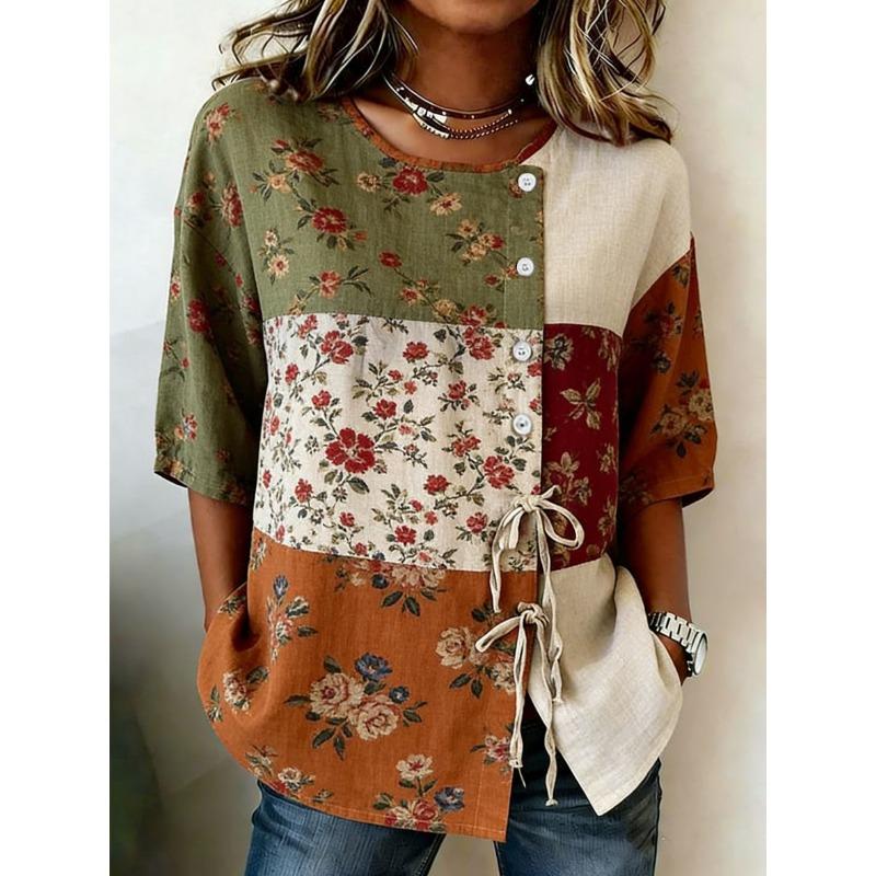 Women's Vintage Patchwork Floral Print Casual Blouse, Button Tie Front Loose Top for Spring Summer Daily Wear