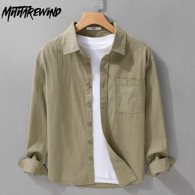 Frühlings- und Herbst-Freizeithemden für Herren im Retro-Stil, Langarm-Oberteil für den Alltag, aus reiner Baumwolle, mit Kentkragen, einfarbiges Hemd mit Tasche