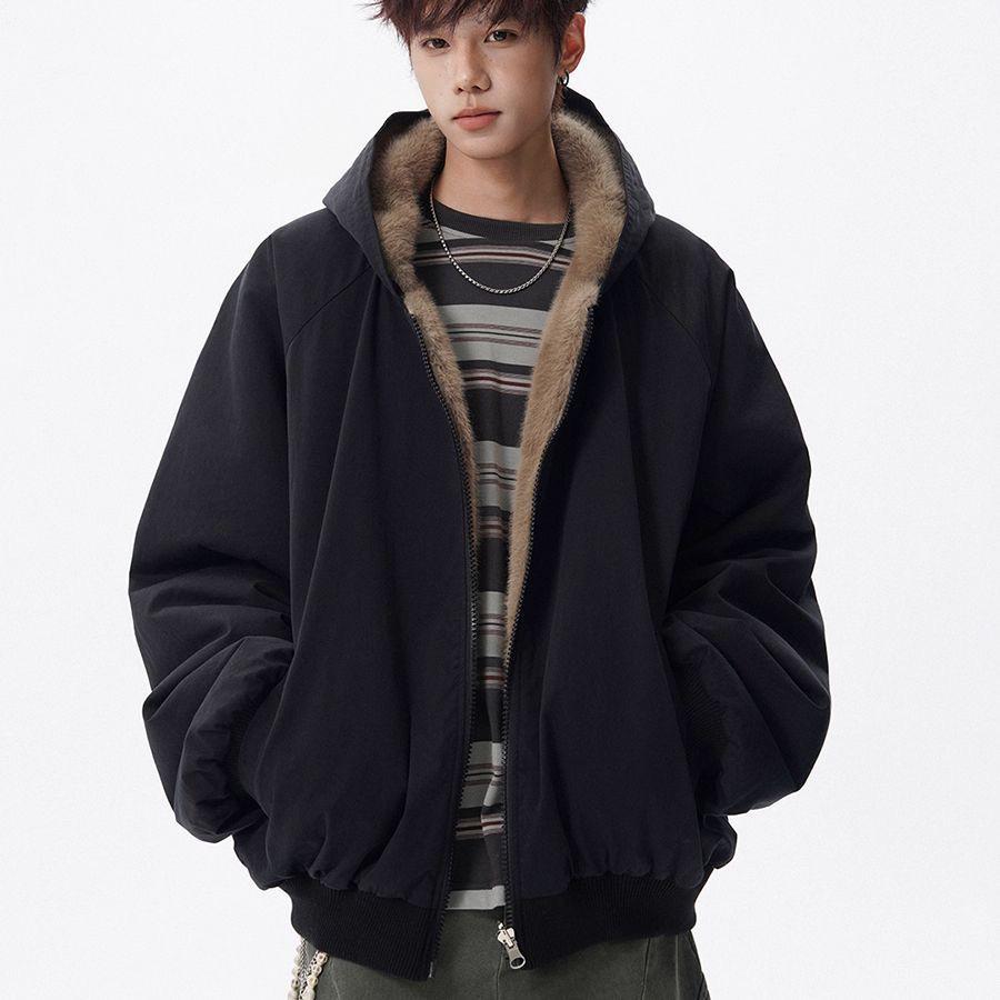 Reversible Retro Cool Imitation Rabbit Fur Hooded Cotton Jacket for Men - Versatile, Warm Winter Outerwear. M