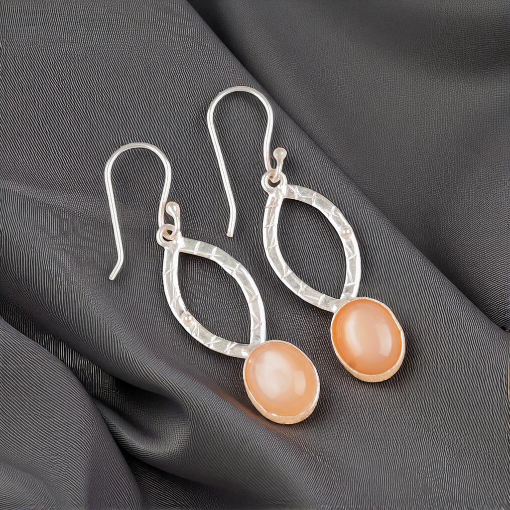 Rare Peach Moonstone Gemstone 925 Sterling Silver Handmade Jewelry Earrings 2" EE-87-29