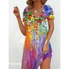 Fashion Plus-Size Dress Casual Loose V-Neck Ladies Summer Print Party Women's Summer Pullover Short Sleeve Dress