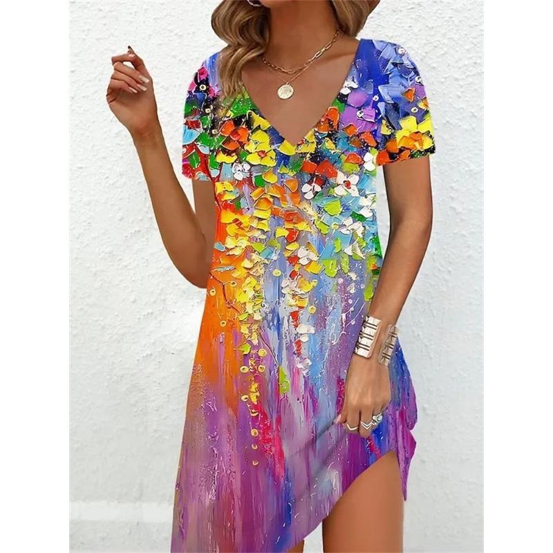 Fashion Plus-Size Dress Casual Loose V-Neck Ladies Summer Print Party Women's Summer Pullover Short Sleeve Dress