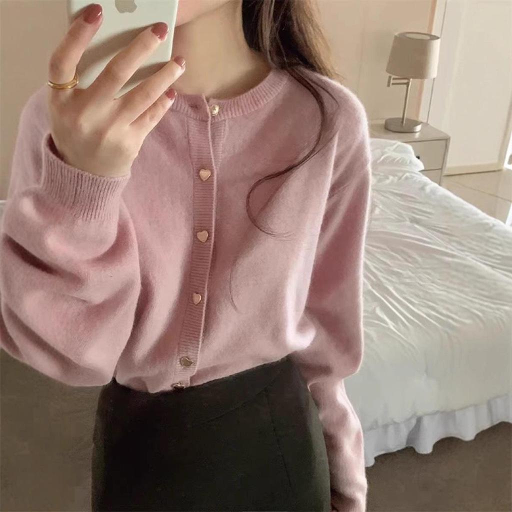 Women's Pink Heart Button Wool Cardigan: Slimming, Versatile Knit Top for Autumn & Winter
