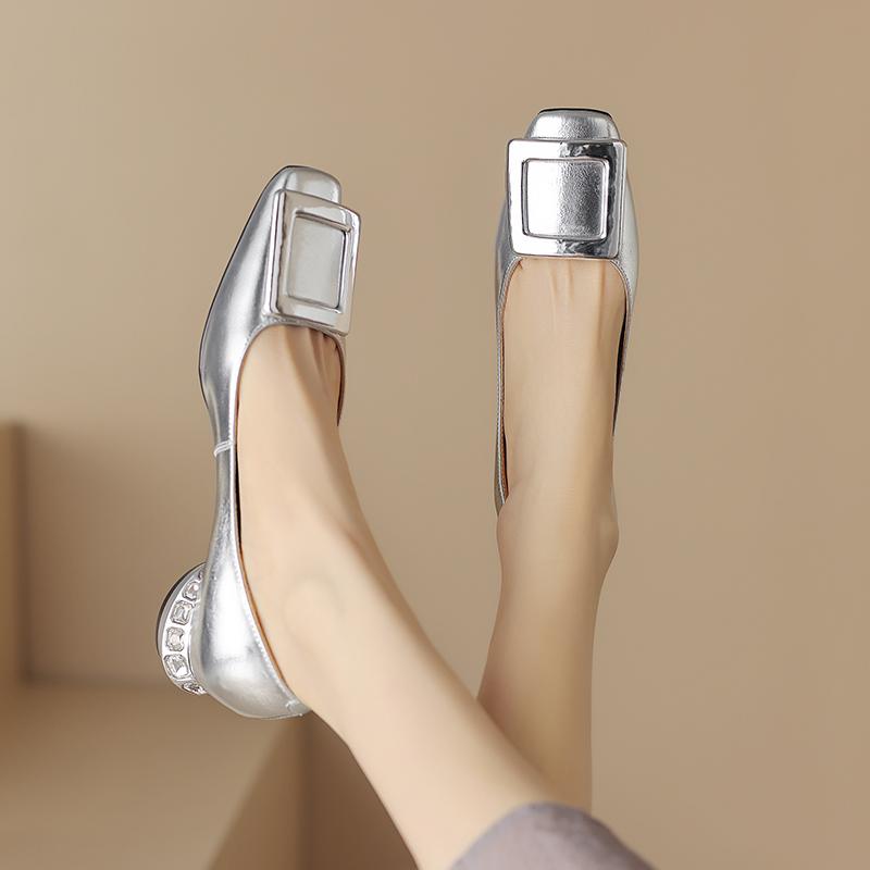 Fashion 2024 Spring Women Pumps Genuine Leather Shoes for Women Square Toe Chunky Heel Women Shoes Shallow Square button Single Shoes