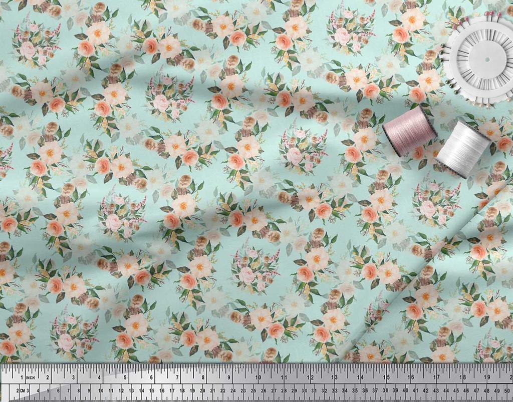 Soimoi Blue Poly Crepe Fabric Begonia & Peony Floral Print Fabric by the Yard 42 Inch