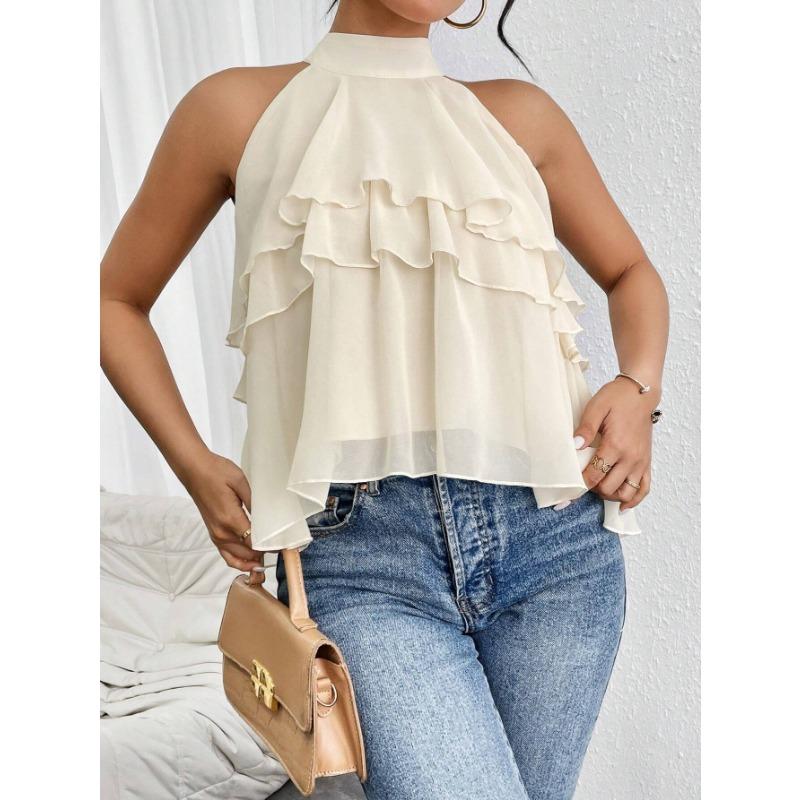 

YYFS Женские модные повседневные однотонные блузки и рубашки с принтом, летние, весенние, без рукавов, с вырезом на шее L