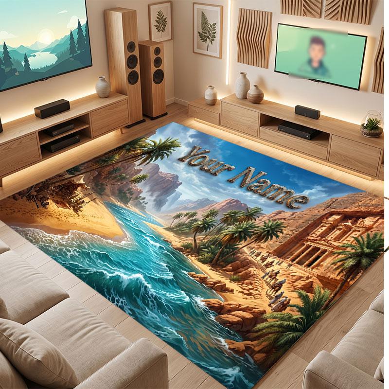 Mountain Landscape Theme Crystal Velvet Floor Rug Personalized Custom Name Text Warm Carpet Home Decoration