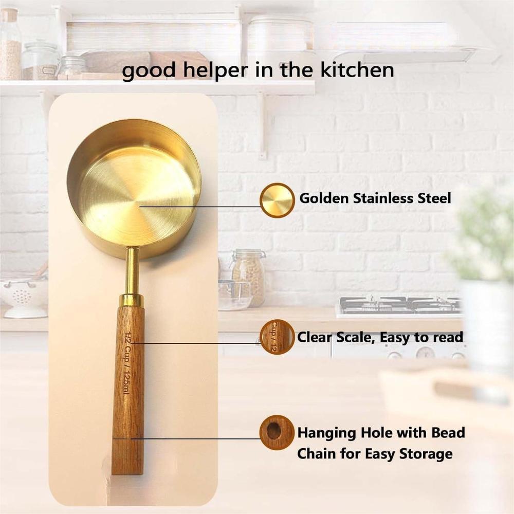 8-Piece Rose Gold Stainless Steel Measuring Cups & Spoons with Engraved Wooden Handles for Baking