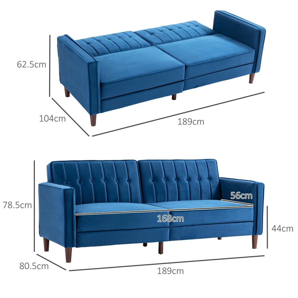 Velvet Feel Three Seater Sofa Bed Blue