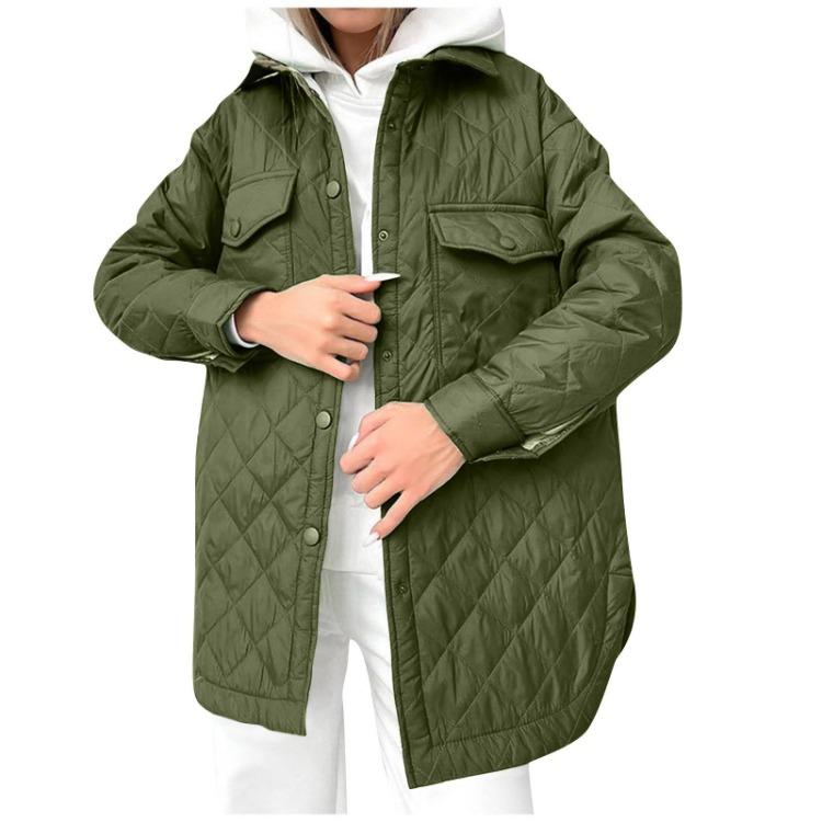 Thickened Warm Cotton Coat Women Long Loose Button Down Lapel Diamond Pattern All Season S