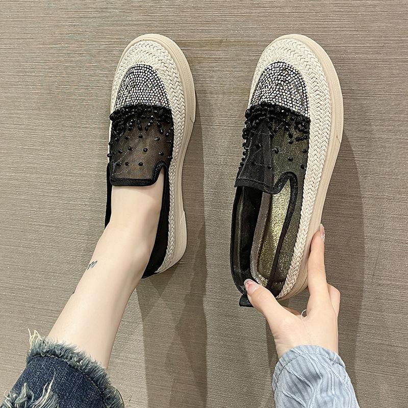 Lace Mesh Breathable Shoes for Women Summer Daily Routine Korean Designer Luxury Rhinestone Slip On Casual Light Woman Footwear