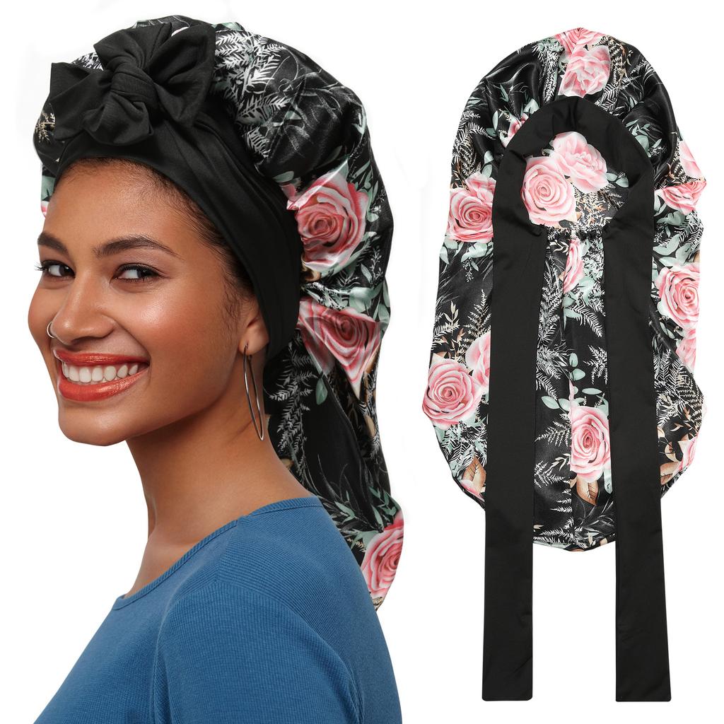 Long Sleeping Silky Satin Adjustable Hair Bonnet with Ties Solid Color Stretchy Sleep Cap for Women Long Hair and Braids