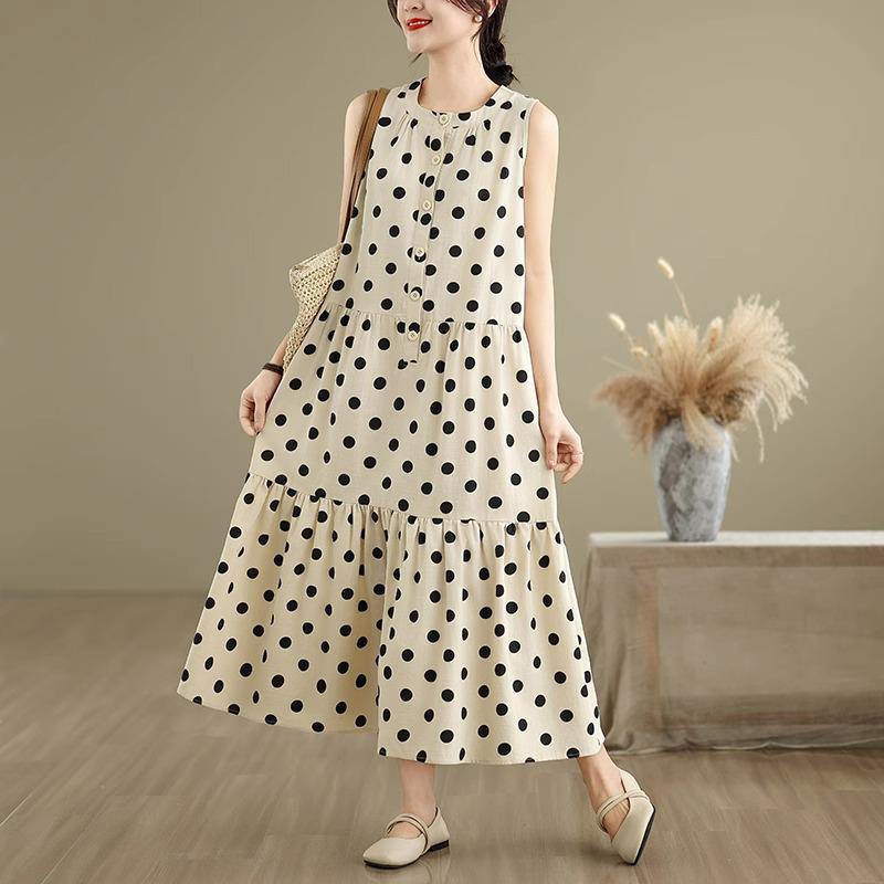 

Women s Plus Size Polka Dot Sleeveless Cotton-Linen Dress - French Style L (Below 55 kg)