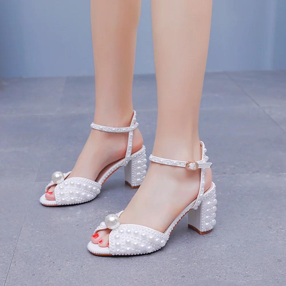 Peep Toe Pearl Women Sandals Square Heel Slingback White Spring Buckle Strap Wedding Fashion Sexy Women Shoes 2026 New Arrivals
