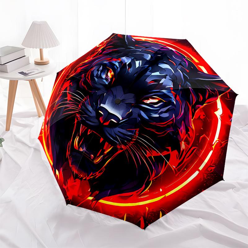 Tiger, Fire Automatic Folding Umbrella  8 Ribs, Durable Iron Frame, Bright Color Pattern Compact Travel Umbrella, Suitable for Outdoor, Beac