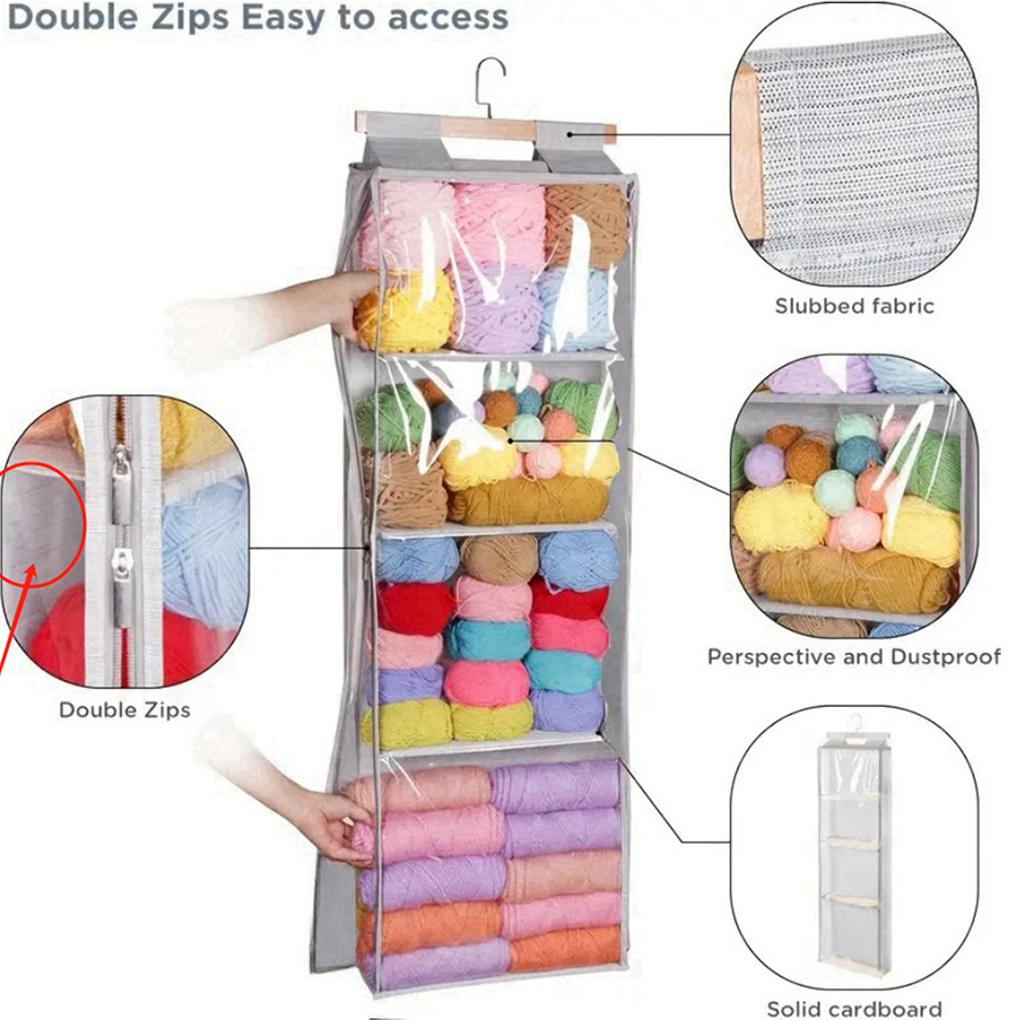2025 New Hanging Yarn Storage with 4 Large Pockets Clear Knitting Organizer Storage with Zippers for Crochet Lovers