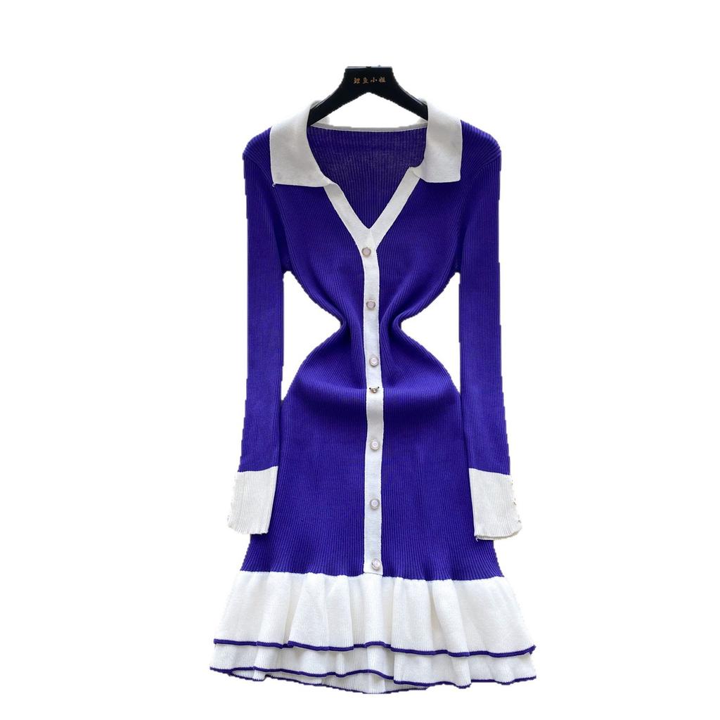 French retro contrasting color polo collar long-sleeved single-breasted slim-fit dress women's waist temperament ruffle edge sweater skirt