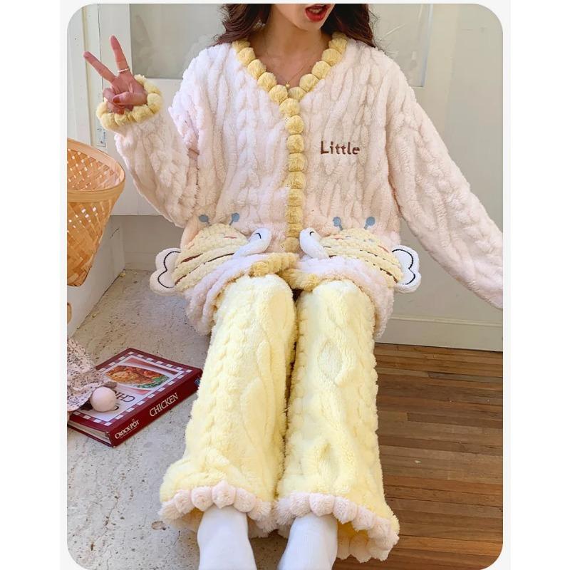 Sweet Cute Pajama Set Coral Fleece Warm Nightwear Winter Flannel Pijama Cardigan Sleepwear Loose Casual Home Clothes Loungewear