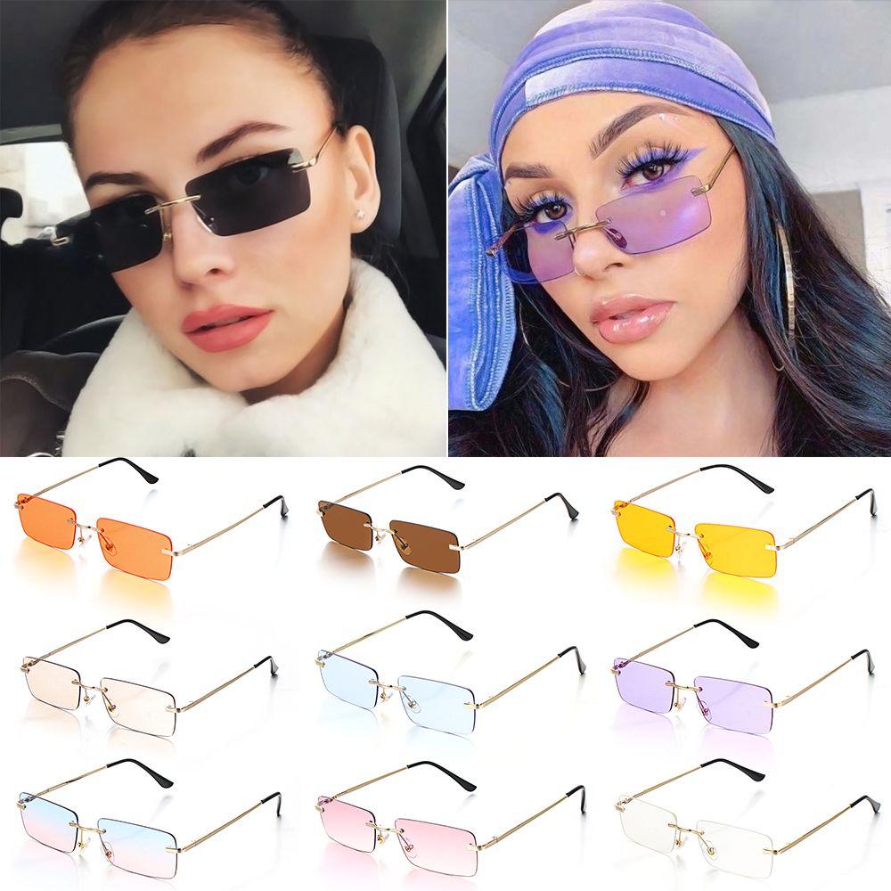 Unisex Rectangle Rimless Sun Glasses Small Frame Ocean Lens Gradient Glasses Luxury Design Women Vintage Sunglasses Eyeglasses