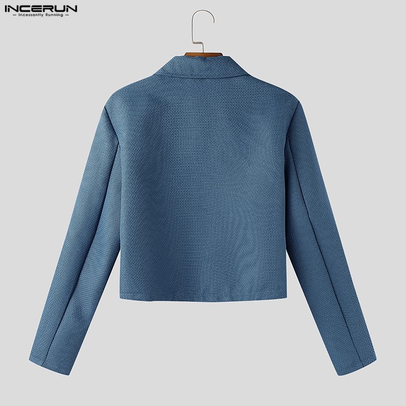 INCERUN Men Lapel Neck Long Sleeve Zip-Up Texture Cropped Casual Shirts