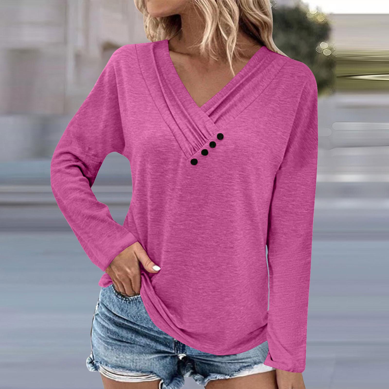 

Блузки с длинным рукавом для женщин, повседневная рубашка на пуговицах с v-образным вырезом, винтажная однотонная блузка с цветочным принтом, топы, свободная посадка, осенняя рубашка, топ L