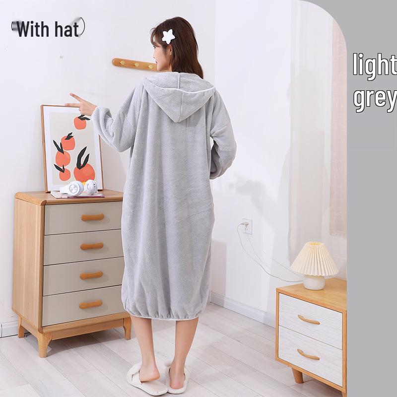 Women's Thickened Winter Hooded Bathrobe - Absorbent Coral Fleece Bath Towel with Long Sleeves and Bath Skirt