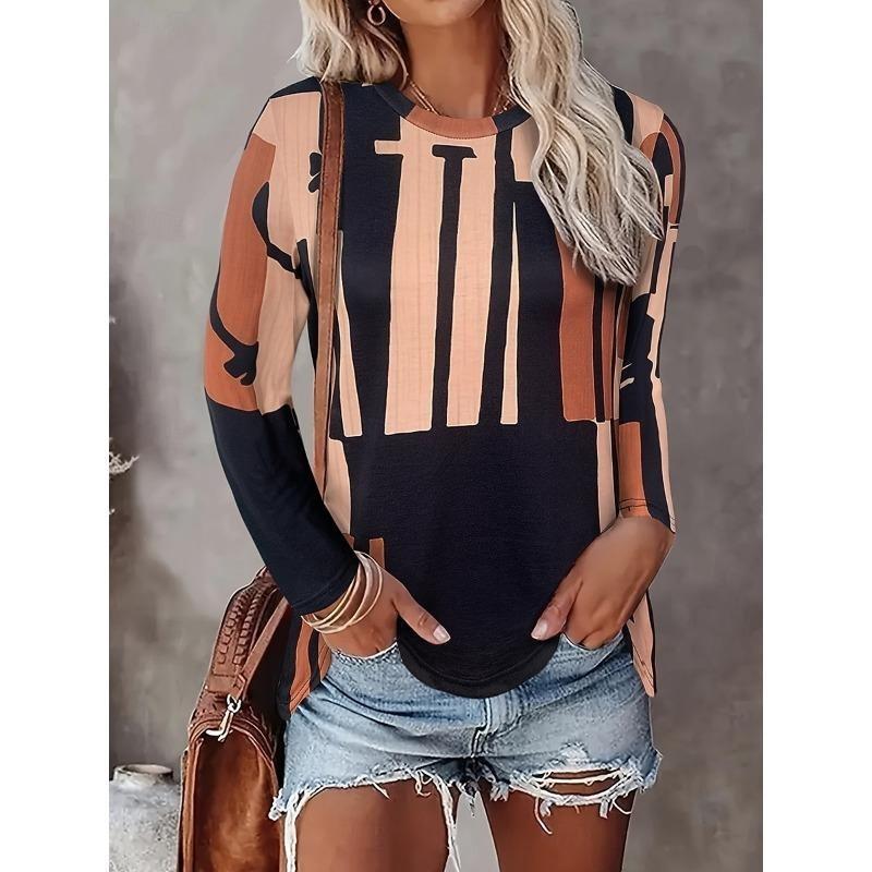 Leopard Striped Print Autumn Long Sleeves Women's T-shirts Fashion Casual Tops Daily Loose Crew Neck Women Clothing