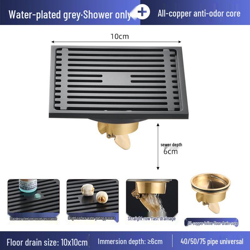Gunmetal Gray 304 Stainless Steel Odor-Resistant Floor Drain with Copper Core for Shower & Washing Machine.