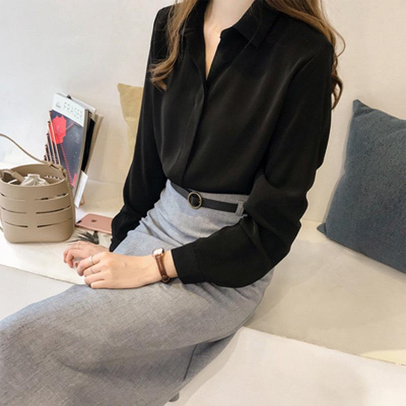 Korean Dongdaemun Solid Color Chiffon Shirt - Women's Simple OL Long Sleeve Top for Spring/Autumn 2025