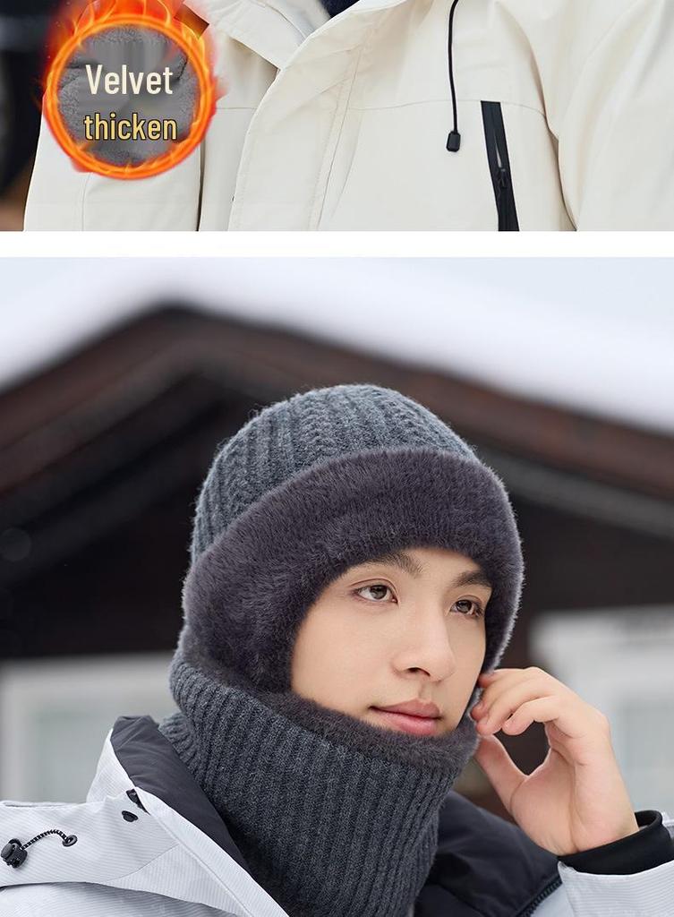 Men's Winter Black Velvet Pullover Hat & Scarf Set for Cycling - Windproof and Warm