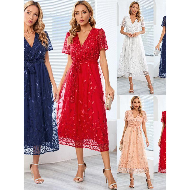 Women's Slim Fit V-neck Mid Length Dress Silm V Neck Mid Length Long Length Dress
