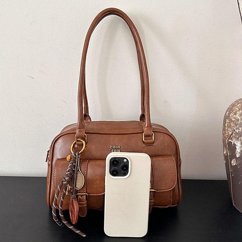 1Pcs Women's Shoulder Bag Retro Solid Color Leather Handbag With Multiple Pockets Large Capacity Comes With Detachable Accessory