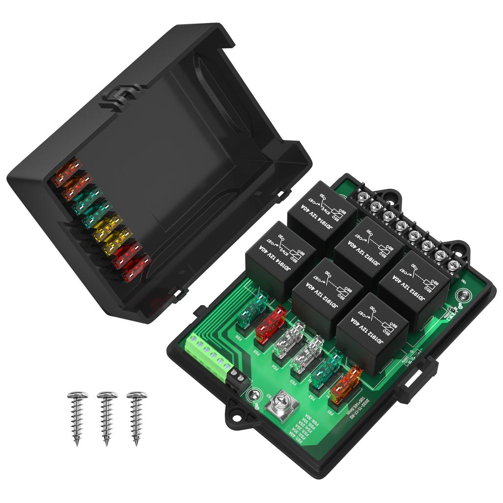 Caixa de Relés Caixa de Fusíveis e Relés 12V Automotiva Painel de Fusíveis Universal com 6 Relés e 14 Fusíveis de Lâmina ATC/ATO Caixa de Fusíveis de 12 Volts