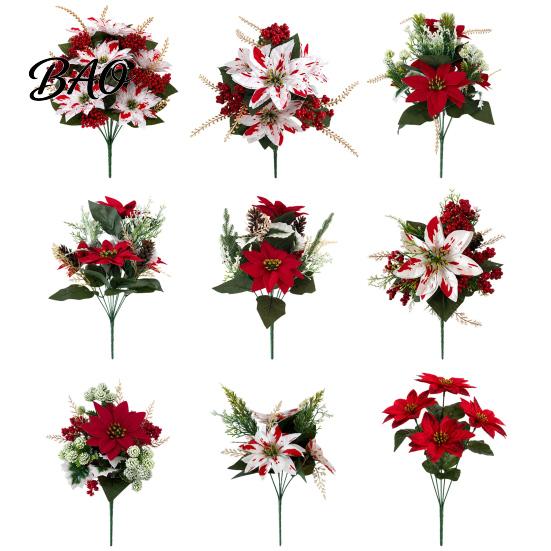 Vibrant Lush Fake Plant Decor 5/7/10/12 Heads Artificial Poinsettia Flowers, Christmas Floral Berry Centerpiece, Outdoor UV Resistant Greenery