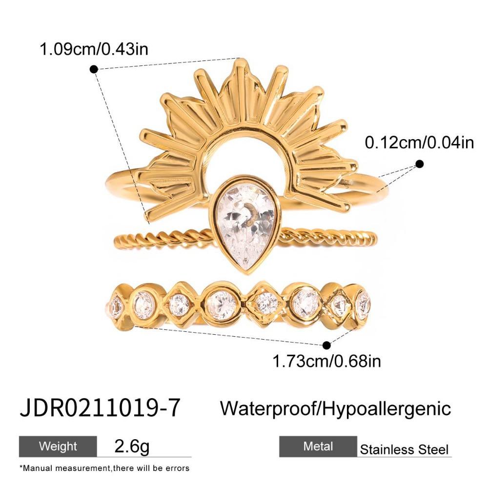 3pcs 18K Gold Color Plated Ribbed Sun Geometry Ring Stainless Steel Stackable Ring  Jewelry Gift