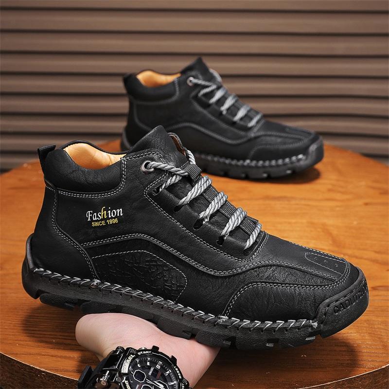 Vintage Style Mens High Top Shoes Non-Slip Male Leather Shoes Fashion Outdoor Sneakers Lace Up  Ankle Boots Men Motorcycle Boots