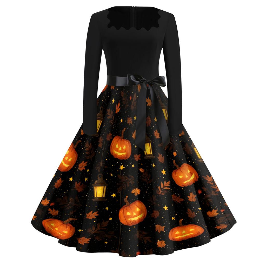 Women's Vintage Square Neck Casual Dress with Halloween Print for Fall Occasions