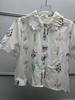 French Floral Embroidered Lace-Trim Lapel Short-Sleeve Loose Shirt for Women
