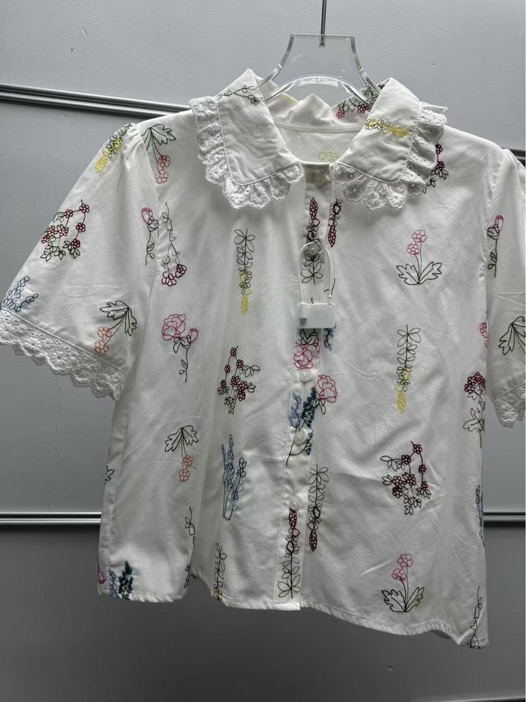 French Floral Embroidered Lace-Trim Lapel Short-Sleeve Loose Shirt for Women