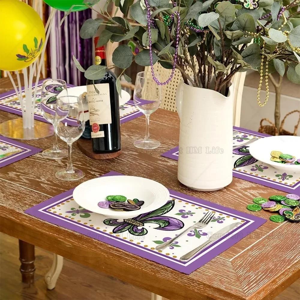 4PCMardi Gras Carnival Placemats Fleur De Lis Purple Seasonal Farmhouse Burlap Indoor Kitchen Dining Table Decor