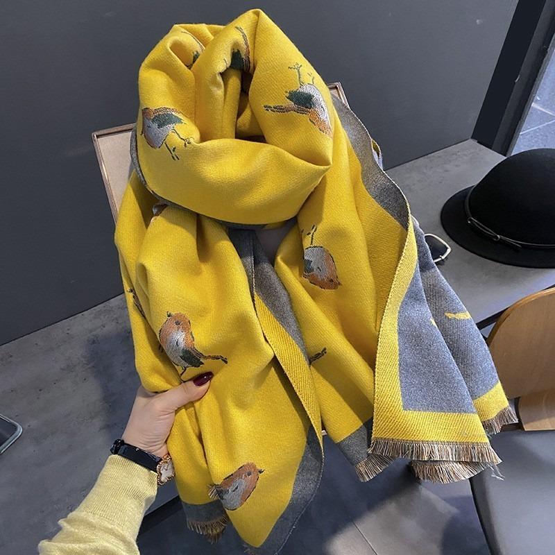Women S High Grade Thick Warm Faux Cashmere Scarf Green Bird Pattern Air Conditioning Shawl Long Neck Wrap