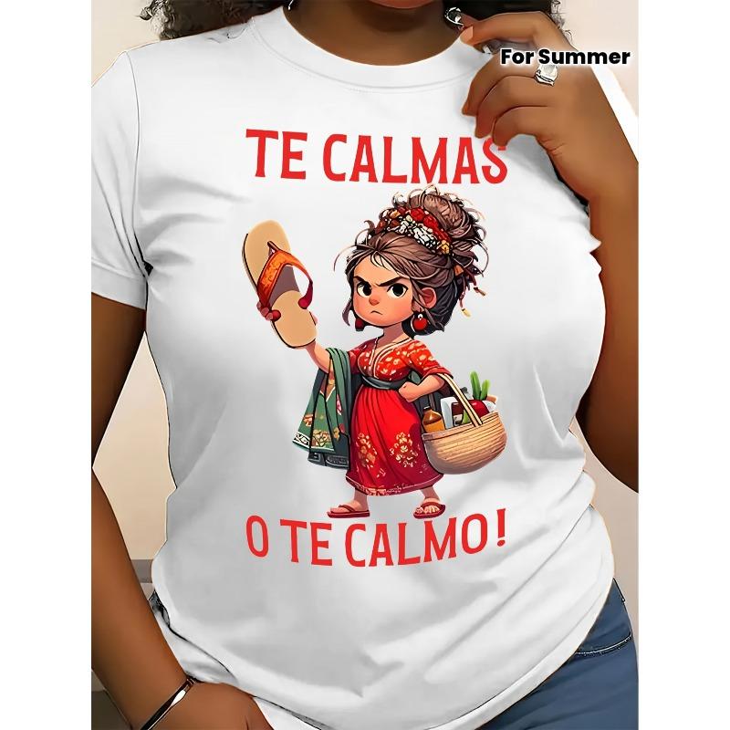

European Size Women S Funny Spanish Slogan T-Shirt - TE CALMAS O TE CALMO! & Keep /I ll Make You! Graphic Print, Lightweight Breathable 4XL білий