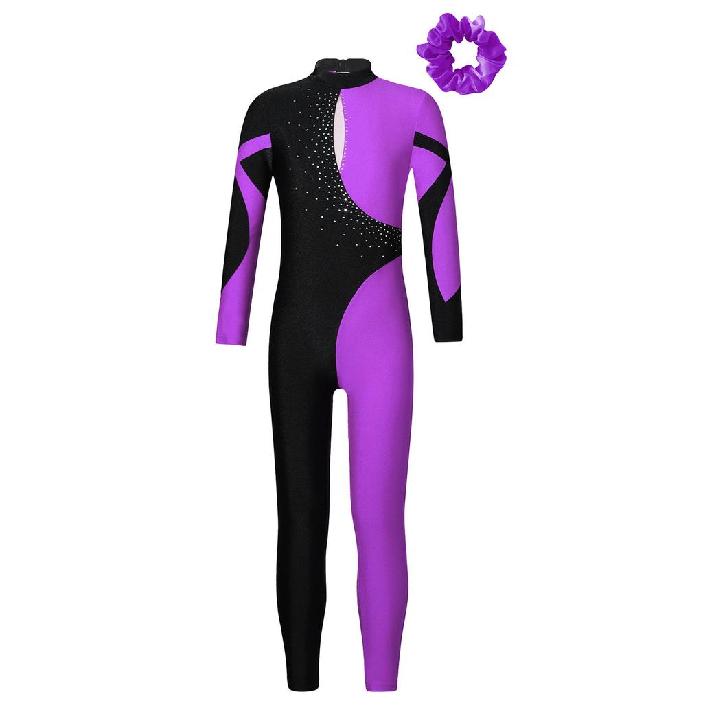 Girls Long Sleeve Stand Collar Shiny Rhinestone Contrast Color Hollow Back Dance Jumpsuit Hair Band
