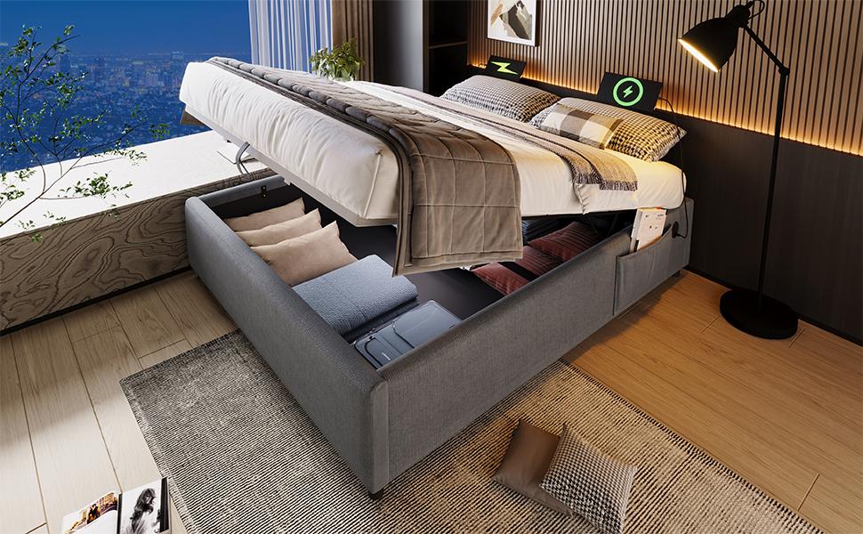 Upholstered Bed Double Bed 140x200 Cm, Storage Bed Frame with USB-C and Full-Surface Slatted Frame, Without Headboard, Cotton, Gray