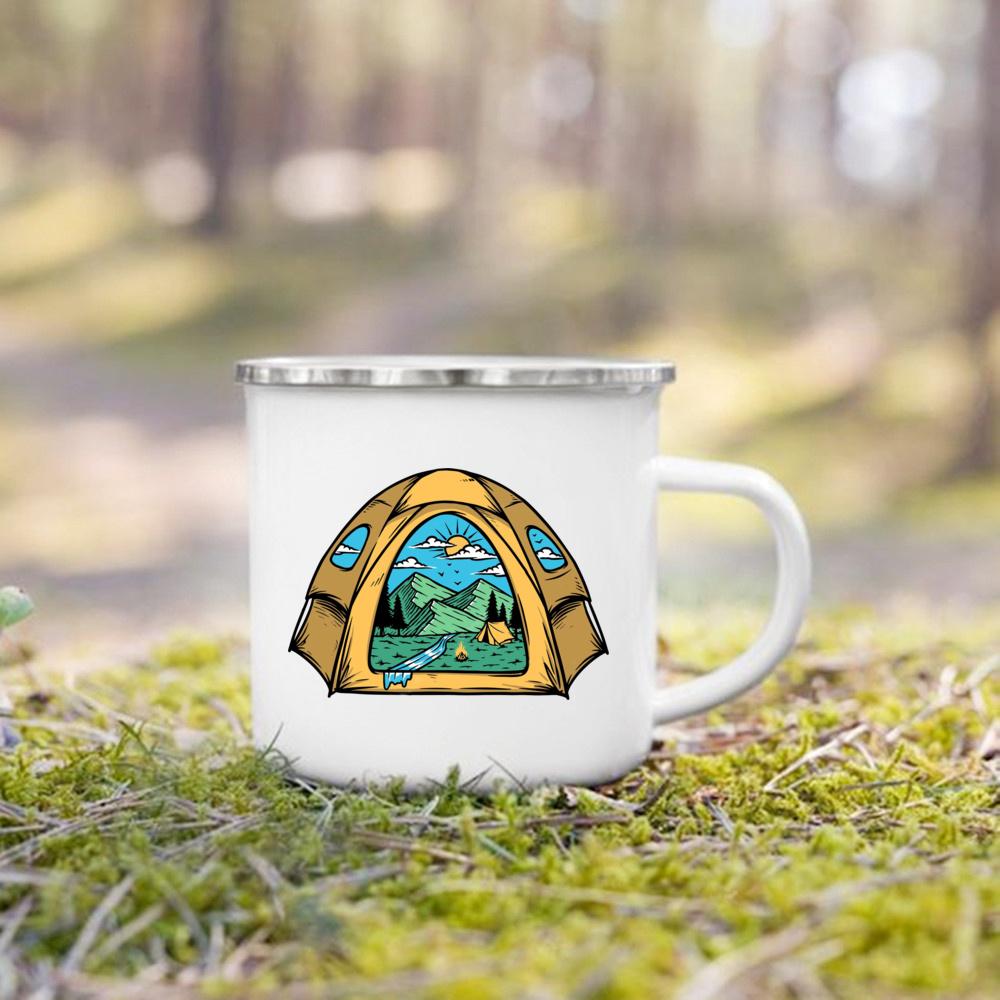 And So The Adventure Begind Printed Mug Campfire Party Beer Coffee Mugs Camping Enamel Cup Mountain Handle Cups Gifts for Camper