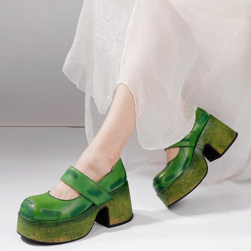 Johnature Zapatos de plataforma de mujer de moda versátiles poco profundos con punta redonda y tacones gruesos de cuero genuino retro