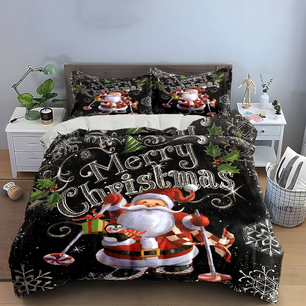 Santa Skiing Merry Christmas Bedding Duvet Cover Set Duvet Cover Pillowcases  (1*Duvet Cover 2*Pillowcases, without duvet insert)