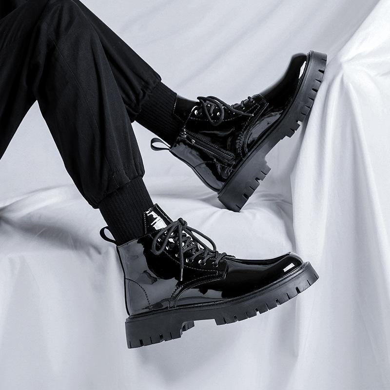 Modetrend High-Top einfarbige Plateauschuhe vier Jahreszeiten neu dünner Gürtel Martin Boots Herren Außenlederstiefel 6495