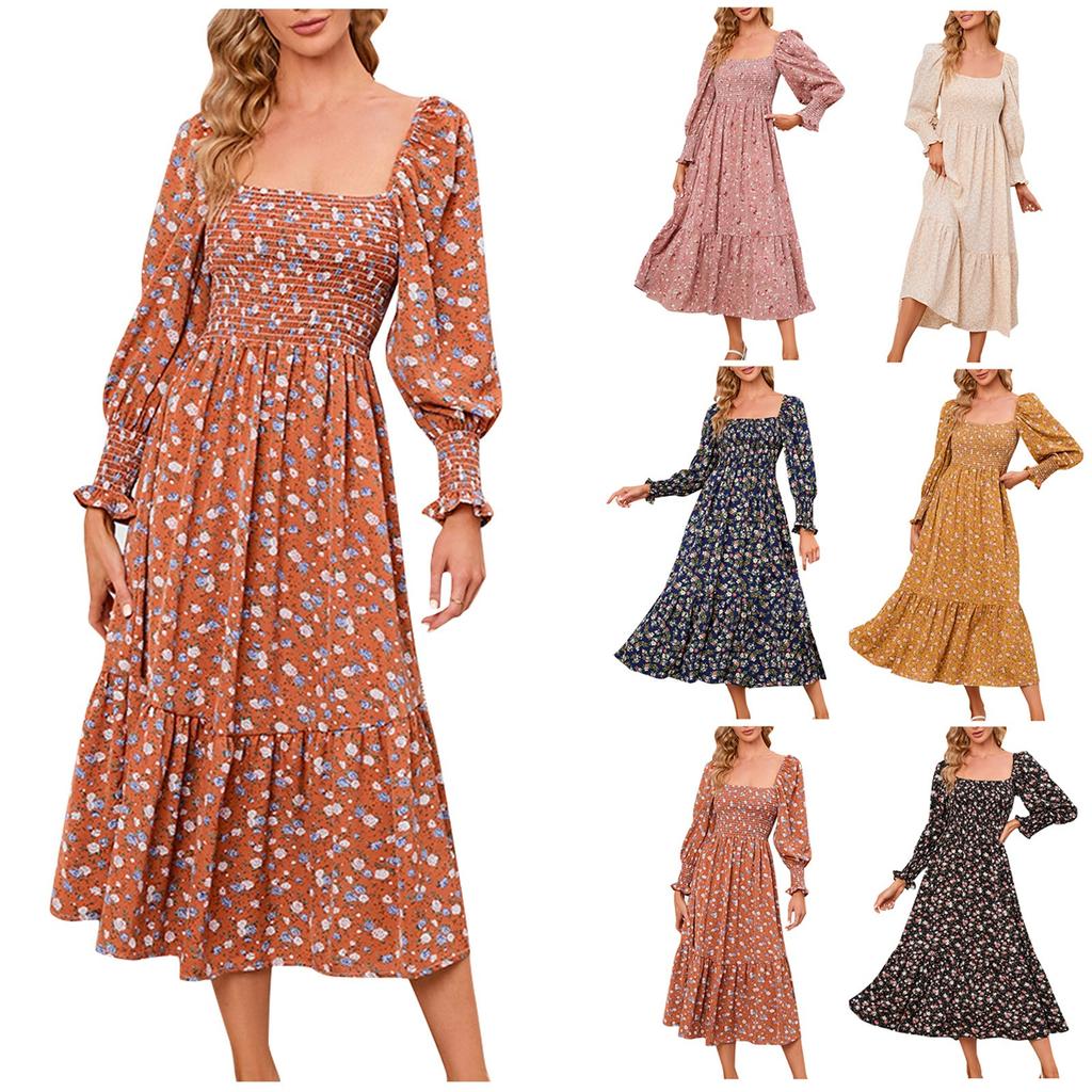 Damen Casual Flare Sleeve Rüschen Chiffon Kleid Blumenkleid Frühling Layered Plissee Beach Swing Kleid