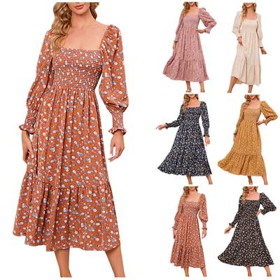 Women's Casual Flare Sleeve Ruffle Chiffon Dress Floral Dress Spring Layered Pleated Beach Swing Dress